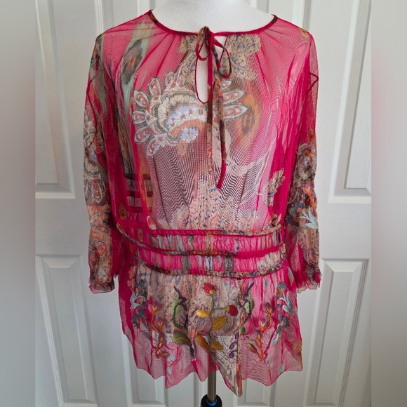 Johnny Was Biya Feather Lark Mesh Blouse Pink Floral Paisley Size L - Picture 2 of 13